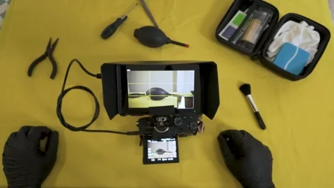 Final organization of photography equipment after cleaning. Stock Footage 327624320