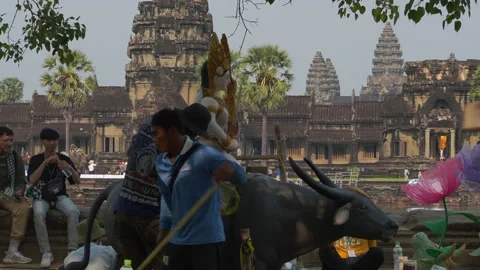Final Preps at Angkor Wat for the 2023 Khmer New Year Festivities  [01] Stock Footage 238356707