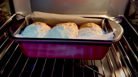 Final proof dough lined with  parchment paper is in Oven Video stock 340304692