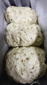 Final proof dough lined with  parchment paper is in Oven 库存照片