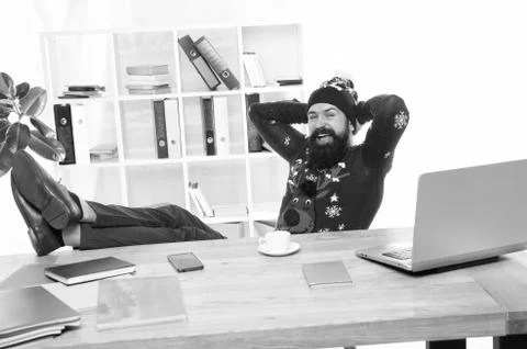 Finally january. Man bearded manager in office. Business career. Start own Stock Photos