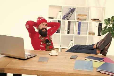 Finally january. Man bearded manager in office. Business career. Start own Stock Photos
