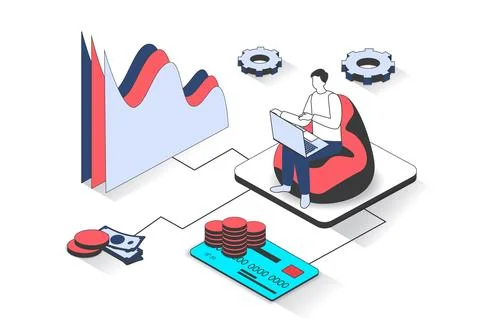 Finance 3d isometric concept with isometry people design for web. Man accou.. Stock Illustration