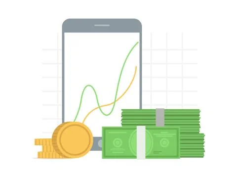 Finance analitics, chart on the screen and money. Earnings analysis. Vector flat Stock Illustration