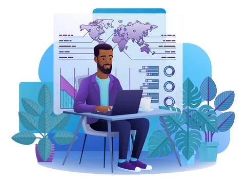 Finance Analysis Man Remote Working Cartoon Stock Illustration