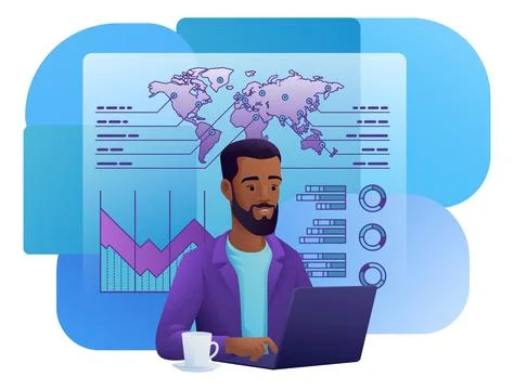 Finance Analysis Man Remote Working Cartoon Stock Illustration
