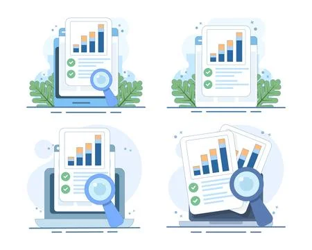 Finance analysis set illustrating computer-based audits, accounting reports. 스톡 일러스트