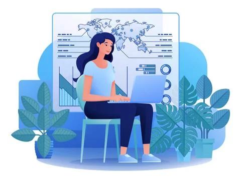 Finance Analysis Woman Remote Working Cartoon Illustrazione stock