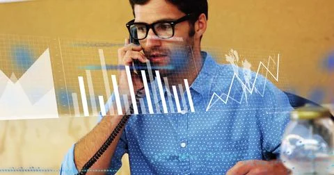 Finance analyst answering phone while pointing at records, animated charts Stock Photos