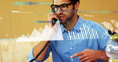 Finance analyst answering phone while pointing at records, animated charts Stock Photos