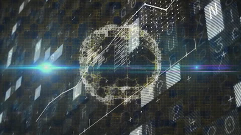 Finance analyst interacting with 3D data sphere in virtual space, highlighting Stock Footage 309109178