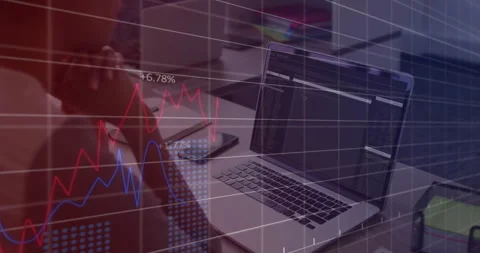 Finance analyst leaning on desk while grid overlay sweeps and red and blue Stock Footage 311046730