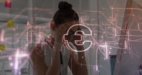 Finance analyst rubbing temples and removing glasses after euro data overlay Stock Footage 312116666