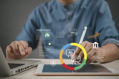 Finance analyst uses ai assistant on tablet with tax chart banking icons cr.. Stock Photos