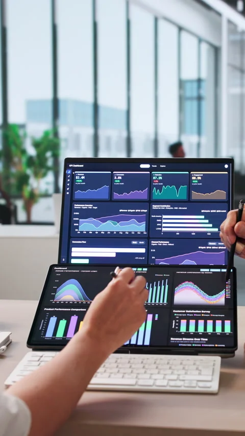Finance Analysts Reviewing Dashboard Data Together Stock Footage 337226439