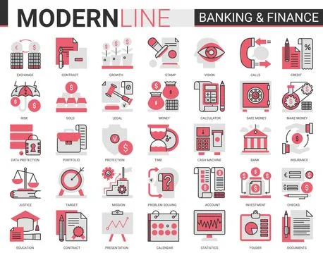 Finance and banking complex flat line red black icons vector illustration set Stock Illustration