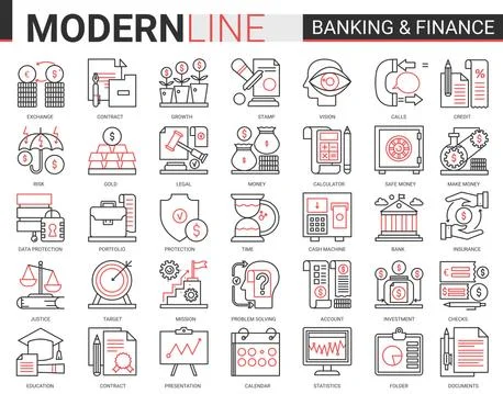 Finance and banking complex red black line icons vector illustration set Stock Illustration