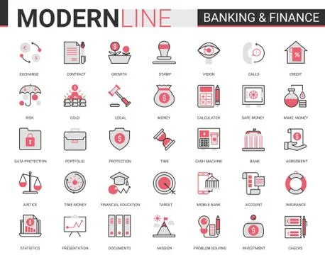 Finance and banking flat thin red black line icons vector illustration set Stock Illustration