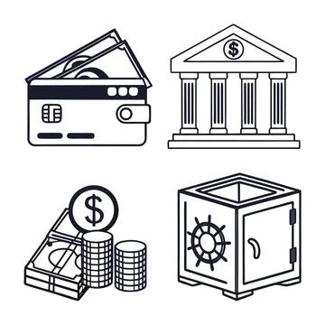 Finance and banking icon set with wallet, bank, money, safe Ilustración de archivo
