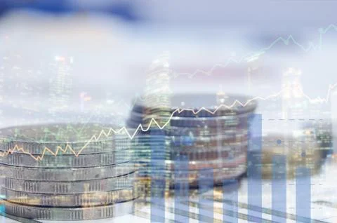 Finance and graph double exposure coins Stock Photos