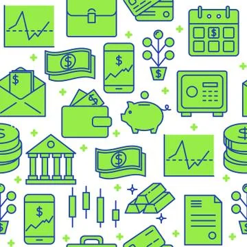 Finance and money seamless pattern in colored line style Stock Illustration