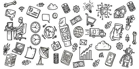 Finance and Technology Office Ecosystem. Vector Illustration doodle style Illustrazione stock