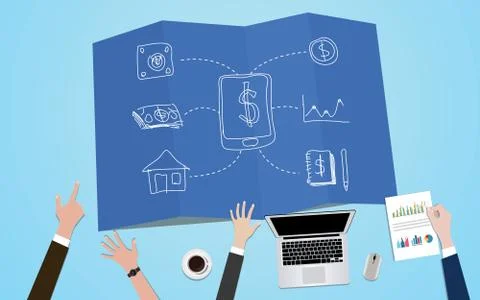 Finance apps concept illustration with team work on that on planning Illustrazione stock