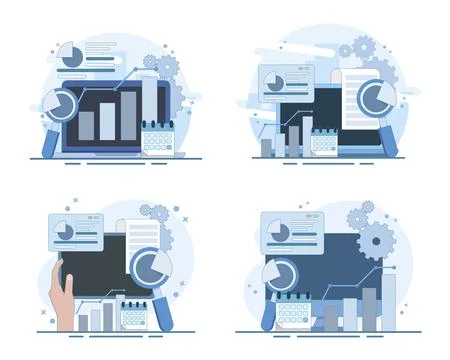 Finance audit set, analyzing financial charts, business data, opportunities. 库存插图