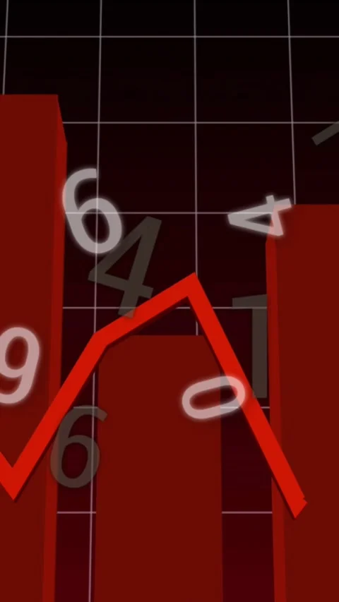 Finance bar chart animating on data input, line tracing peaks, digits drifting Stock Footage 333835696
