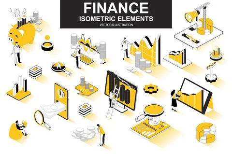 Finance bundle of isometric elements. Financial analytics, piggy bank, stock Stockillustratie
