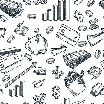 Finance business seamless pattern. Vector hand drawn sketch illustration. Mon Stock Illustration