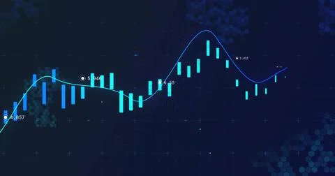 Finance candle chart streaming data, spline dipping then climbing while data Stock Illustration