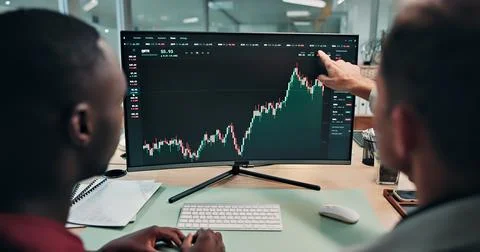 Finance, chart and men pointing to computer screen for stock market, tradin.. Stock Photos
