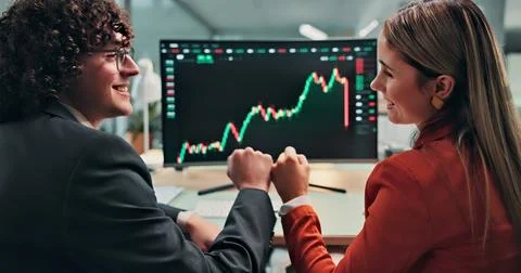 Finance, chart and people with computer screen for fist bump, trading succe.. Stock Photos