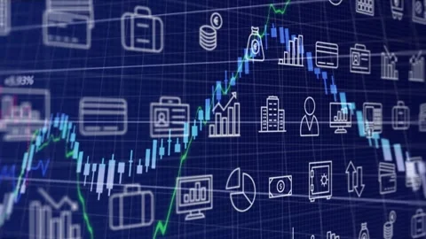 Finance chart with icon grid shifting as left feed driving rising then falling Stock Footage 332545274