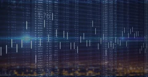 Finance chart shifting candles and numbers over city as blue flare sweeping Stock Photos