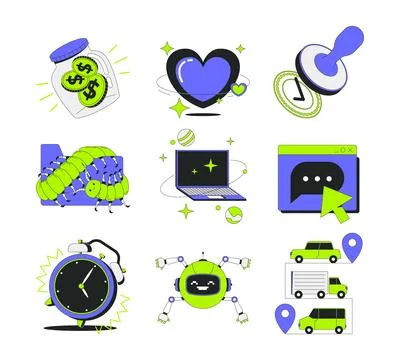 Finance, communication and technology 2D onboarding ui illustrations set Stock Illustration