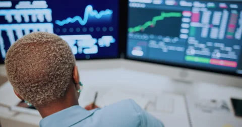 Finance, computer screen and business woman writing notes for stock market Stock Footage 336307815