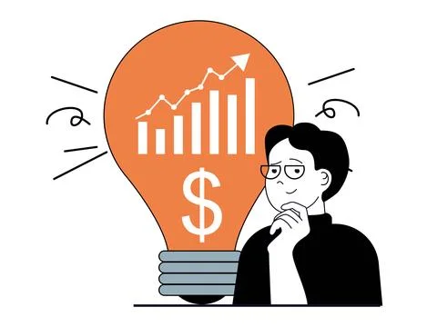 Finance concept with character situation. Man brainstorming and generates n.. Illustrazione stock