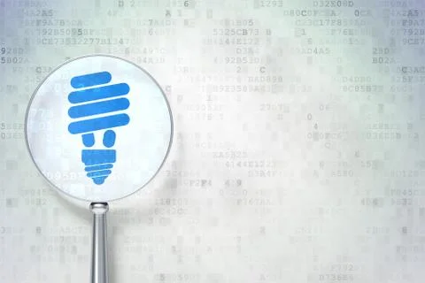 Finance concept: Energy Saving Lamp with optical glass on digital background Stock Illustration