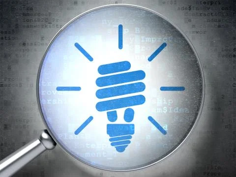 Finance concept: Energy Saving Lamp with optical glass on digital background Stock Illustration