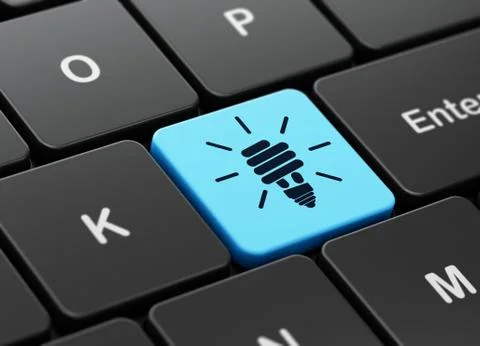 Finance concept: Energy Saving Lamp on keyboard background Stock Illustration