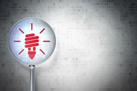 Finance concept: Energy Saving Lamp with optical glass Stock Illustration