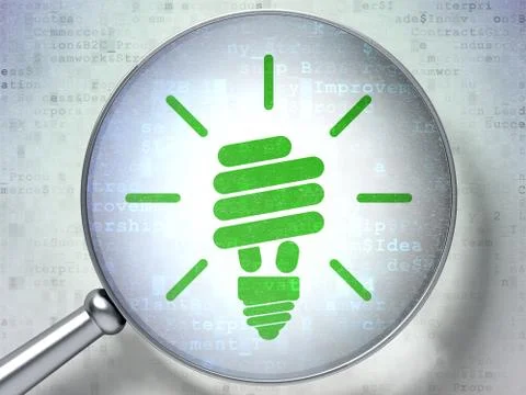 Finance concept: Energy Saving Lamp with optical glass Stock Illustration