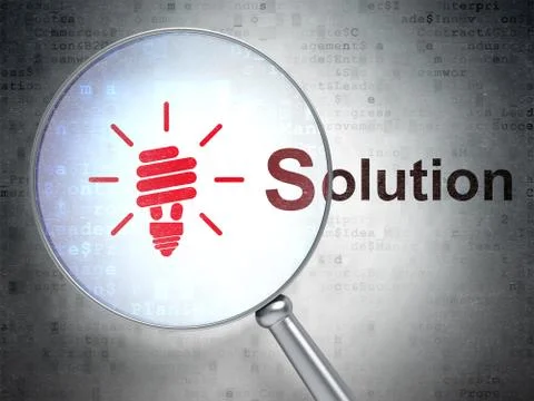 Finance concept: Energy Saving Lamp and Solution with optical glass Stock Illustration