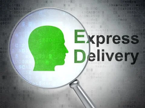 Finance concept: Head and Express Delivery with optical glass Stockillustratie