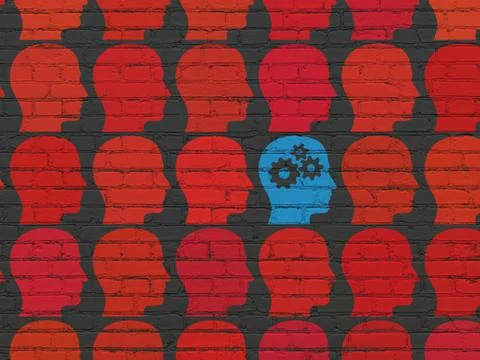 Finance concept: head with gears icon on wall background Ilustración de archivo