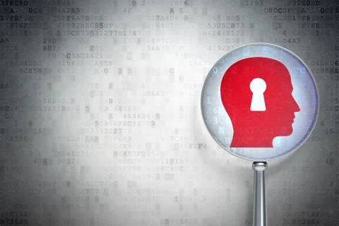 Finance concept: Head With Keyhole with optical glass on digital screen Stock Illustration