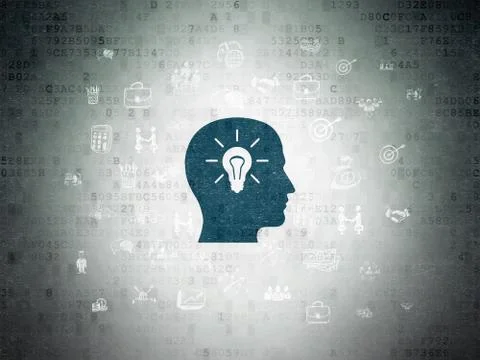 Finance concept: Head With Light Bulb on Digital Data Paper background Illustrazione stock