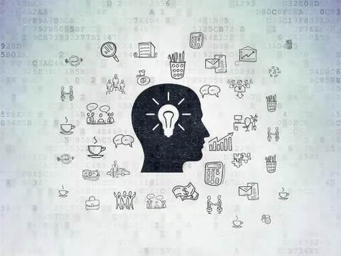 Finance concept: Head With Light Bulb on Digital Data Paper background Illustrazione stock
